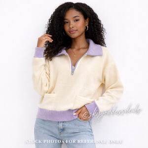 Papermoon Women M Pastel Half Zip Coquette Sweater Lavender Cream NWT